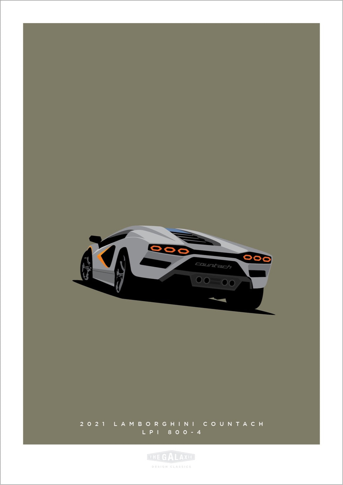 Hand drawn poster of a silver 2021 Lamborghini Countach LPI 800-4 on a green background.