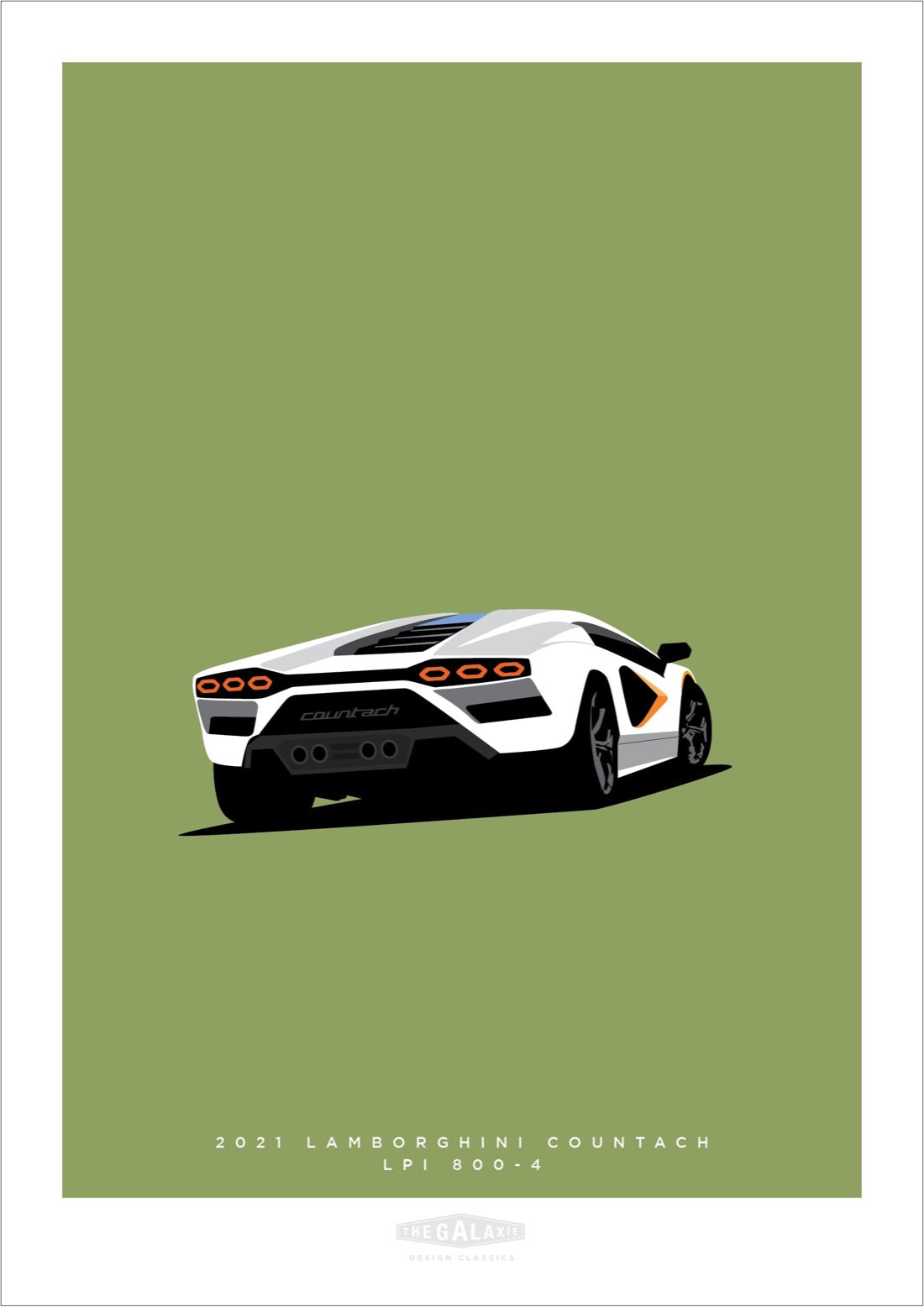 Hand drawn poster of a white 2021 Lamborghini Countach LPI 800-4 on a green background.