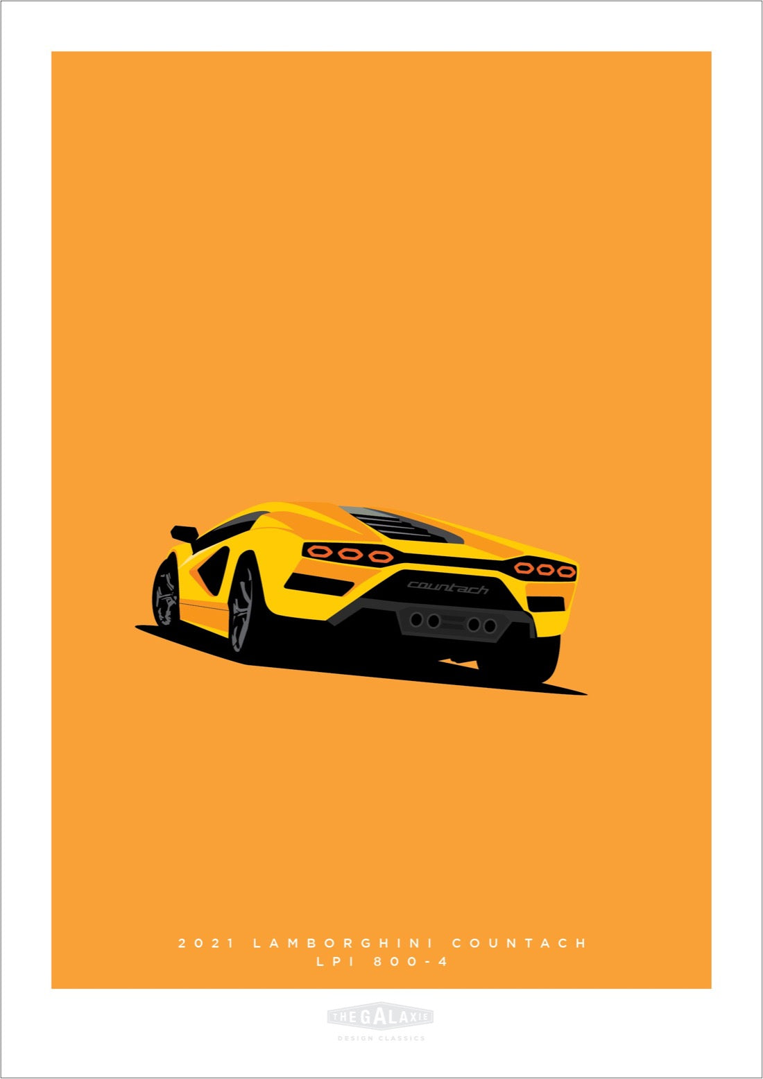 Hand drawn poster of a yellow 2021 Lamborghini Countach LPI 800-4 on a orange background.