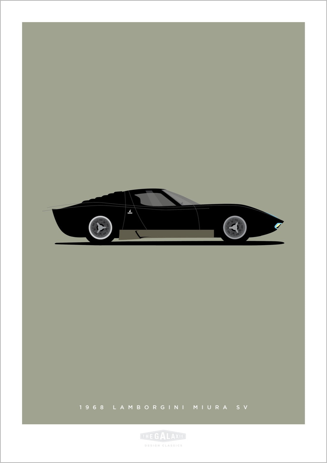 Hand drawn poster of a black 1968 Lamborghini Miura SV on a grey background. 