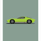 Hand drawn poster of a lime 1968 Lamborghini Miura SV on a green background. 