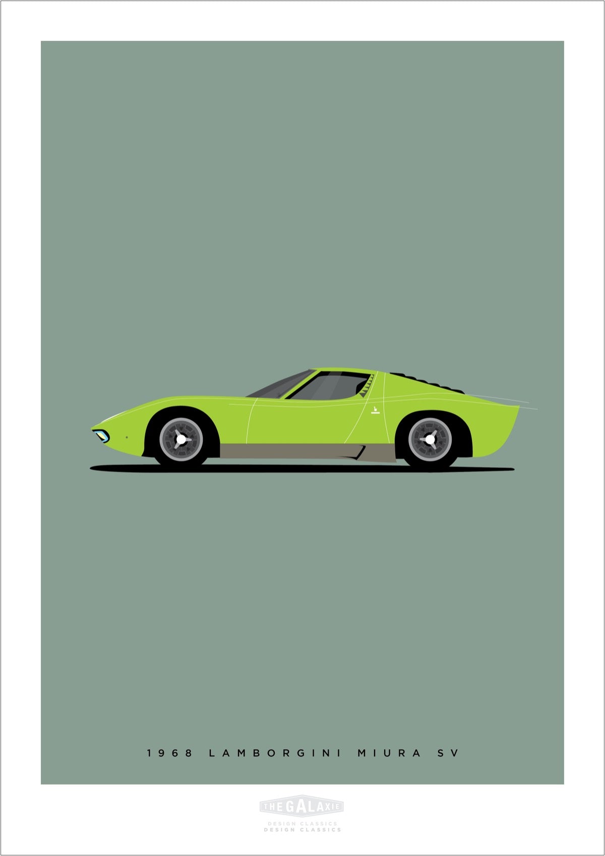 Hand drawn poster of a lime 1968 Lamborghini Miura SV on a green background. 