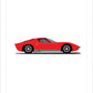 Hand drawn poster of a red 1968 Lamborghini Miura SV on a white background. 
