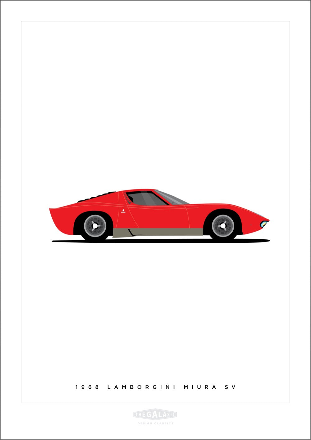 Hand drawn poster of a red 1968 Lamborghini Miura SV on a white background. 