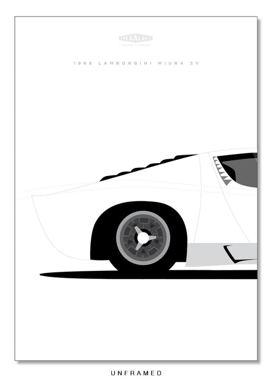 Hand drawn poster of a white 1968 Lamborghini Miura SV on a white background. 