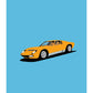 Hand drawn poster of an orange 1971 Lamborghini Miura SV on a cool blue background. 