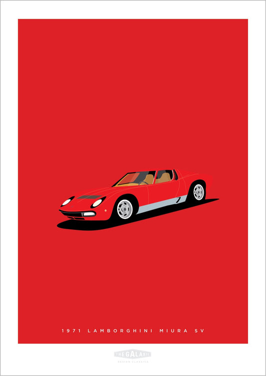 Hand drawn poster of a red 1971 Lamborghini Miura SV on a red background. 