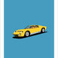 Hand drawn poster of a yellow 1971 Lamborghini Miura SV on a cool blue background. 