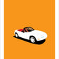 Hand drawn poster of a white 1989 Mazda MX-5 NA on an orange background. 