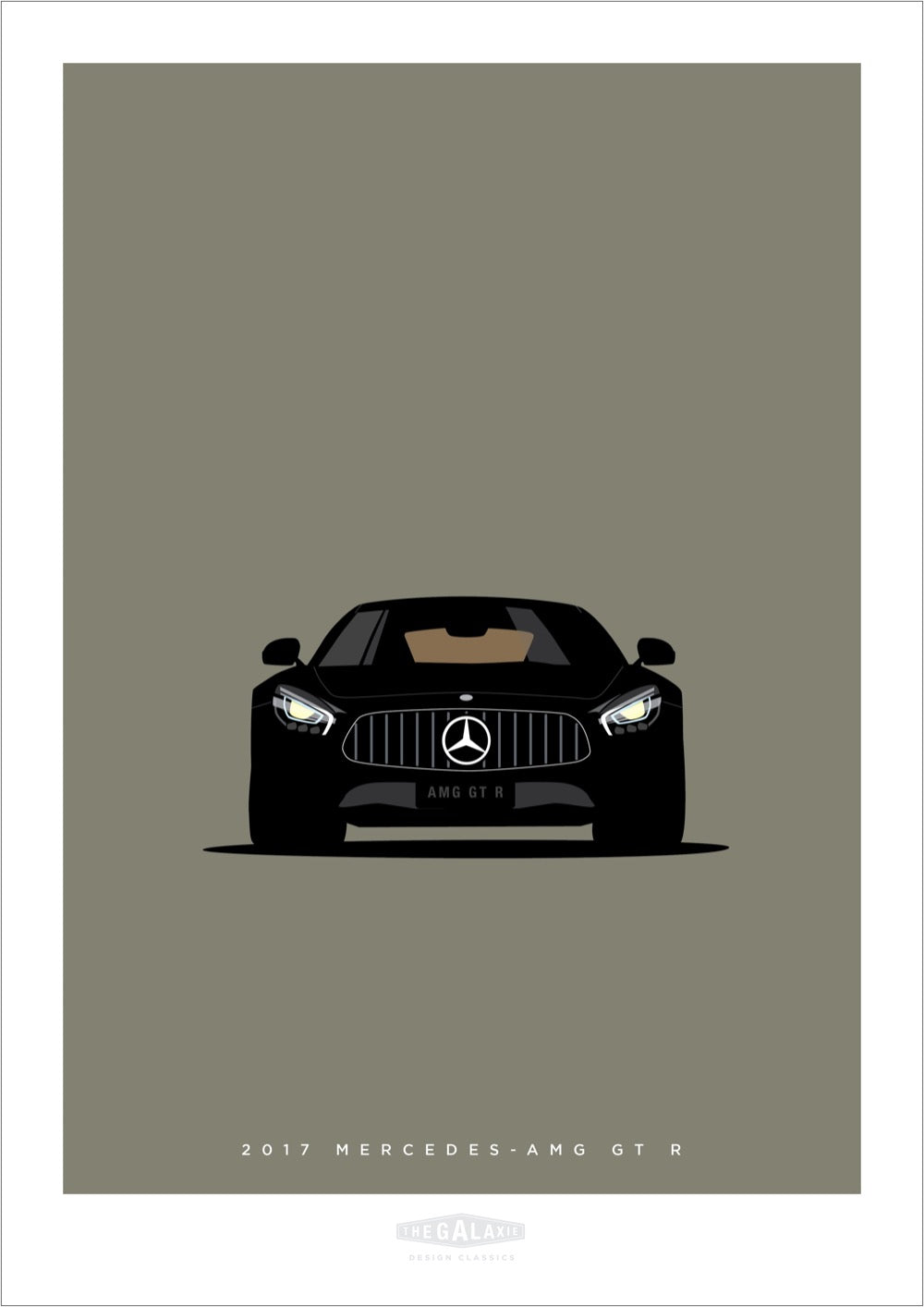 Hand drawn poster of a black 2017 Mercedes-AMG GT R on a cool grey background. 