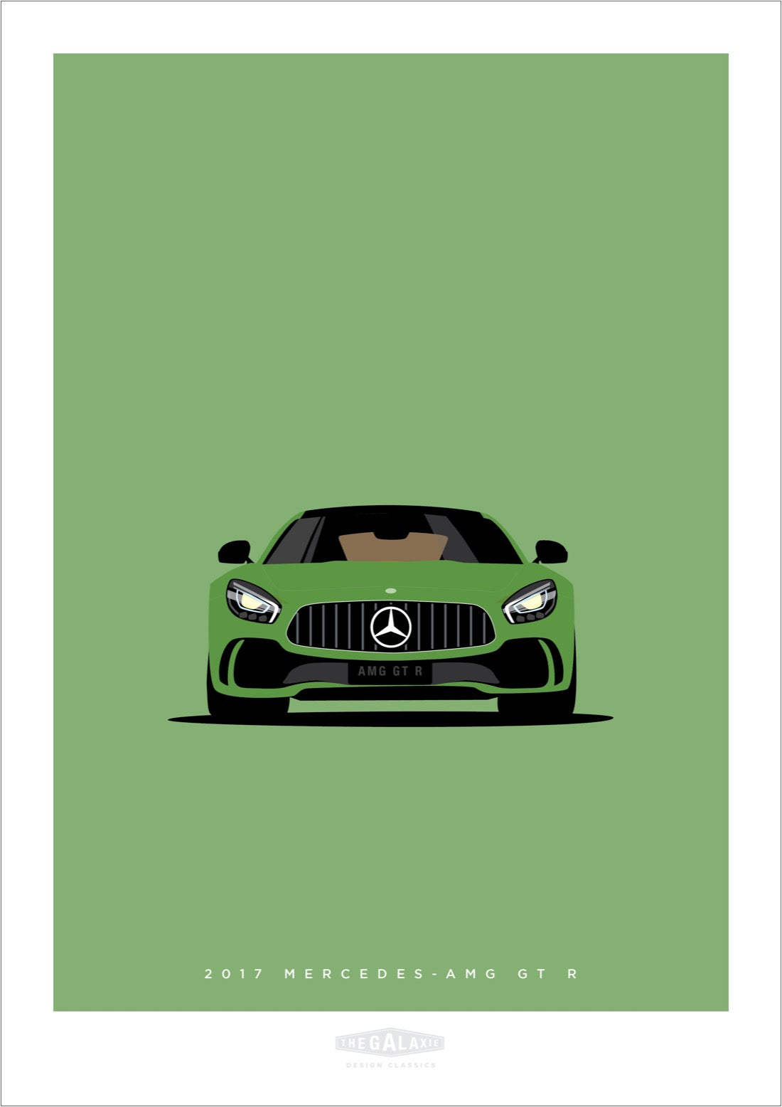 Hand drawn poster of a green 2017 Mercedes-AMG GT R on a green background. 