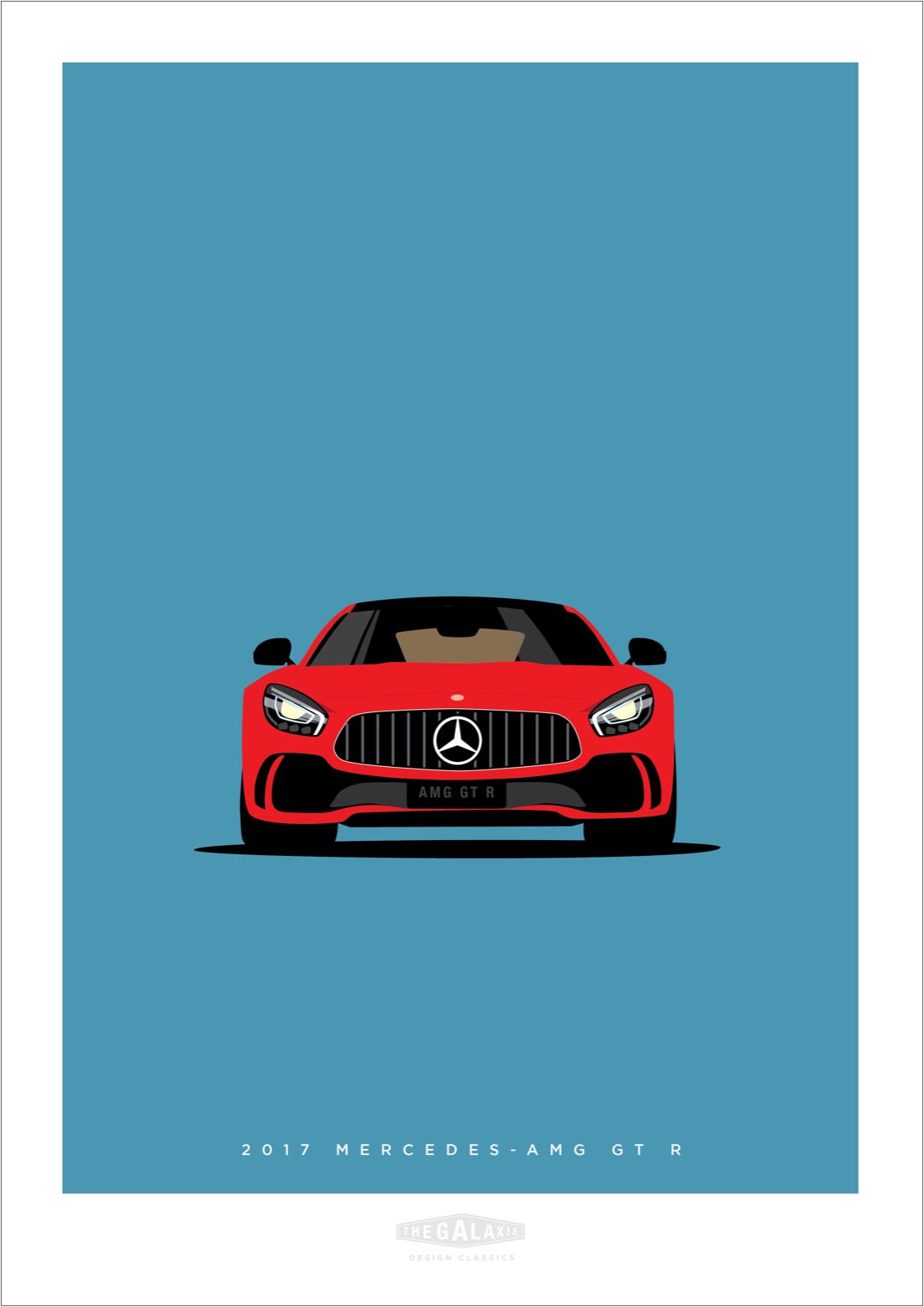 Hand drawn poster of a red 2017 Mercedes-AMG GT R on a cool blue background. 