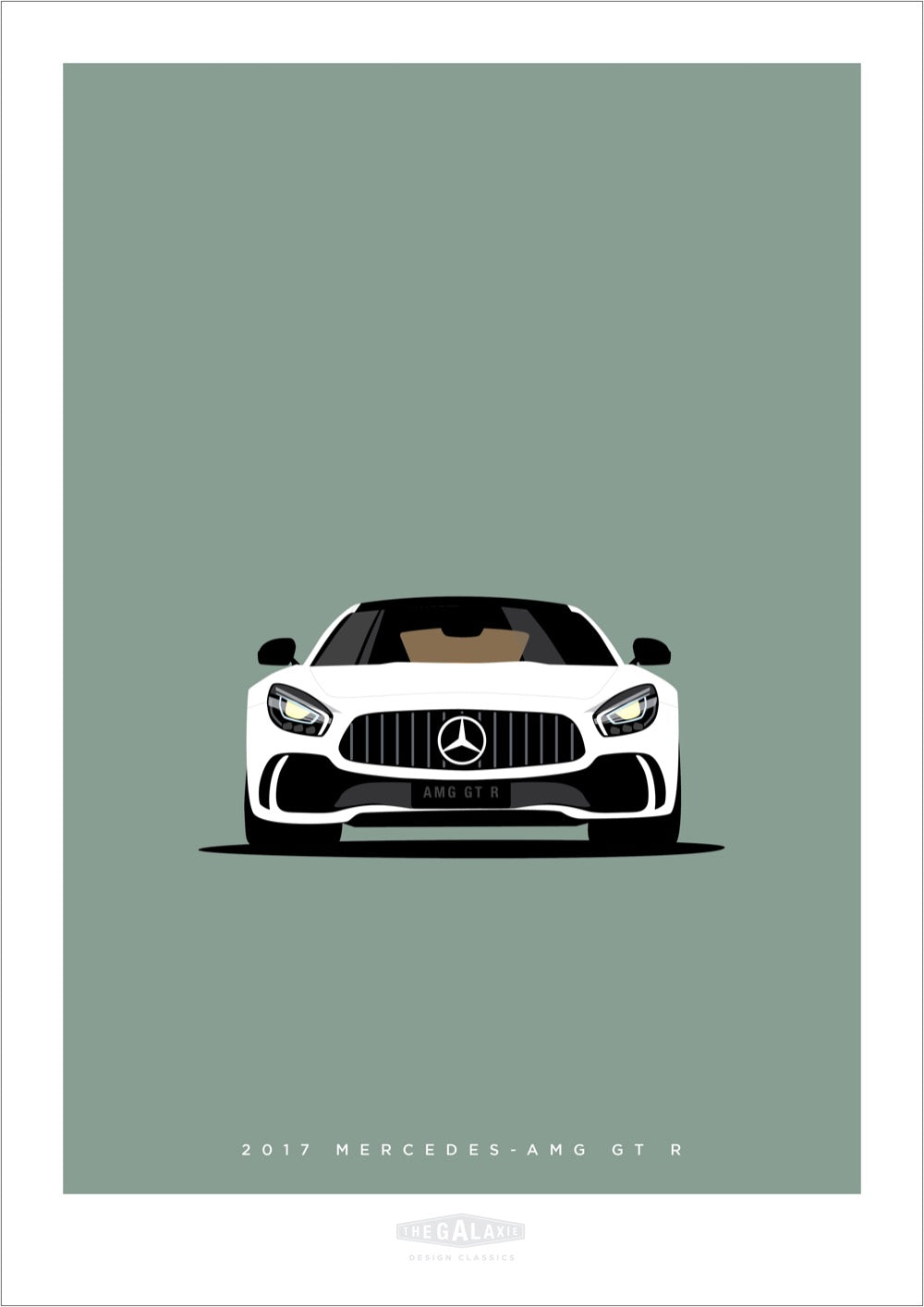 Hand drawn poster of a white 2017 Mercedes-AMG GT R on a cool green background. 