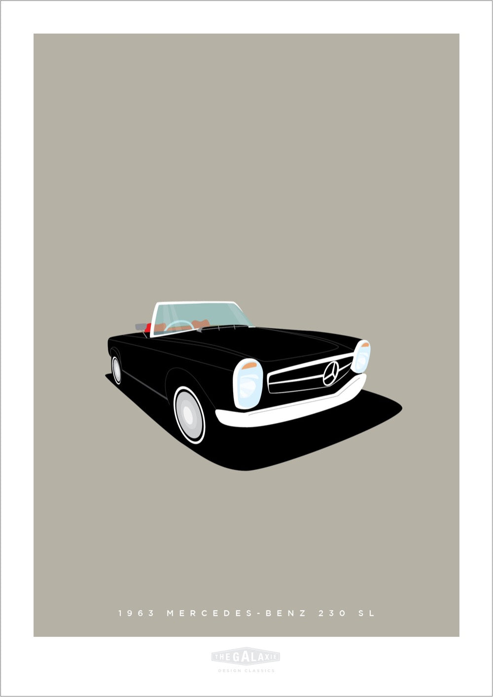 This is a hand drawn poster of a stunning black 1962 Mercedes Benz 230 SL roadster on a soft great background