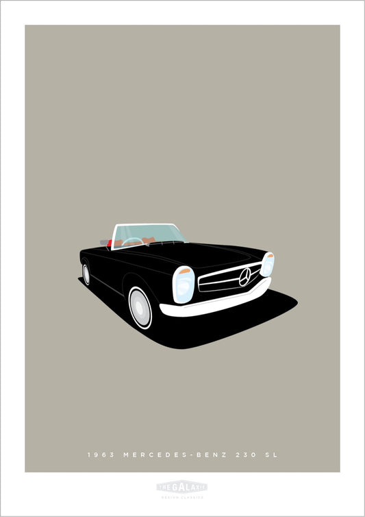 This is a hand drawn poster of a stunning black 1962 Mercedes Benz 230 SL roadster on a soft great background