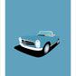 This is a hand drawn poster of a stunning blue 1962 Mercedes Benz 230 SL roadster on a soft blue background.