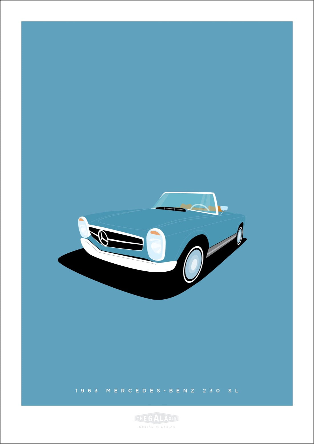 This is a hand drawn poster of a stunning blue 1962 Mercedes Benz 230 SL roadster on a soft blue background.