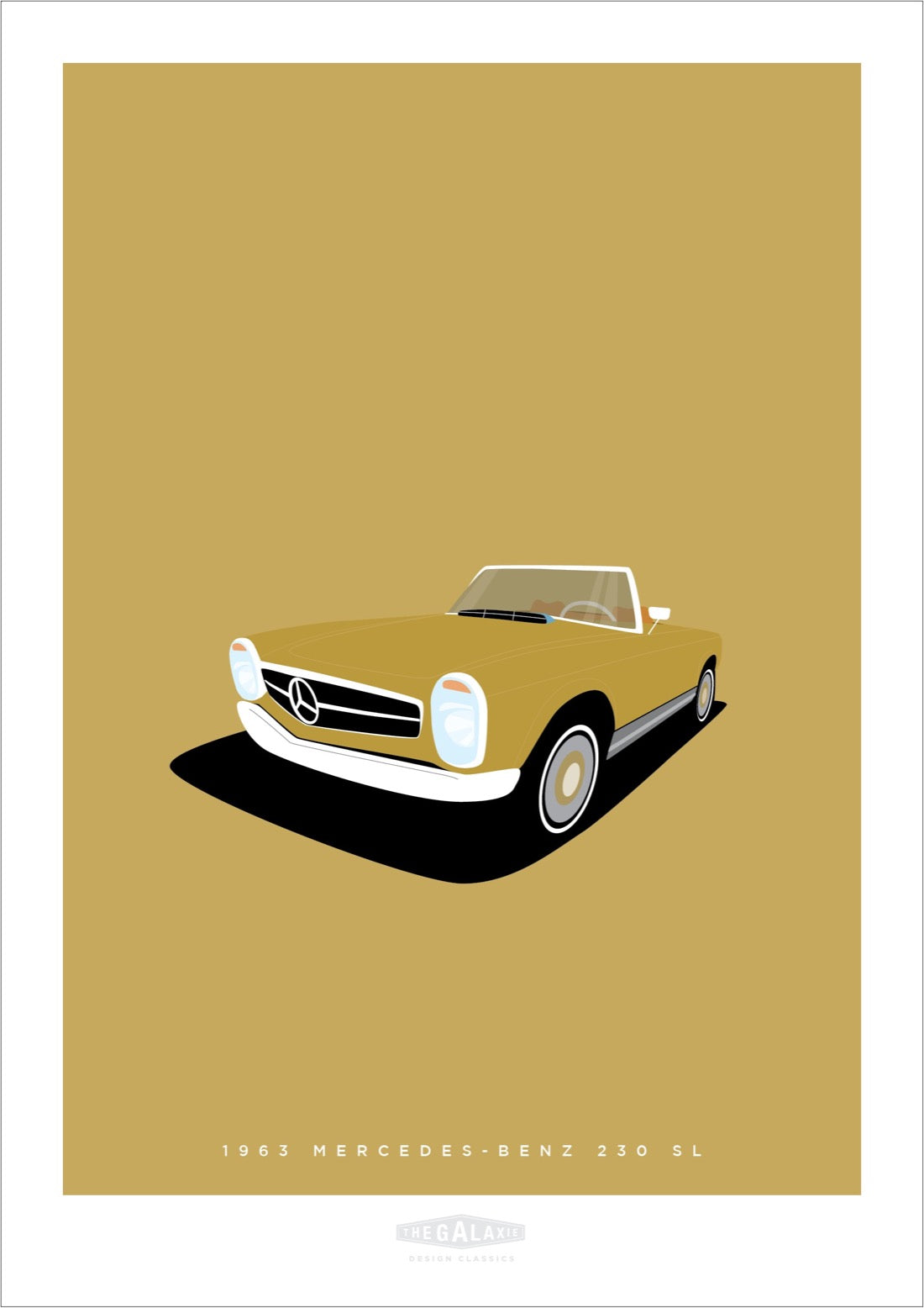 This is a hand drawn poster of a stunning gold 1962 Mercedes Benz 230 SL roadster on a gold background.