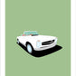This is a hand drawn poster of a stunning white 1962 Mercedes Benz 230 SL roadster on a soft green background. 