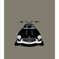 This is a hand drawn poster of a magnificent black 1954 Mercedes Benz 300 SL Gullwing sports car on a stone grey background.  