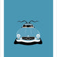 This is a hand drawn poster of a magnificent blue 1954 Mercedes Benz 300 SL Gullwing sports car on a blue background.  