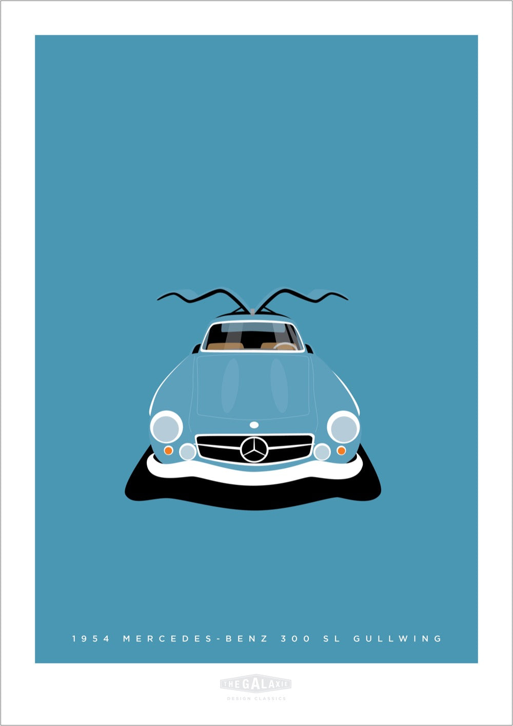 This is a hand drawn poster of a magnificent blue 1954 Mercedes Benz 300 SL Gullwing sports car on a blue background.  