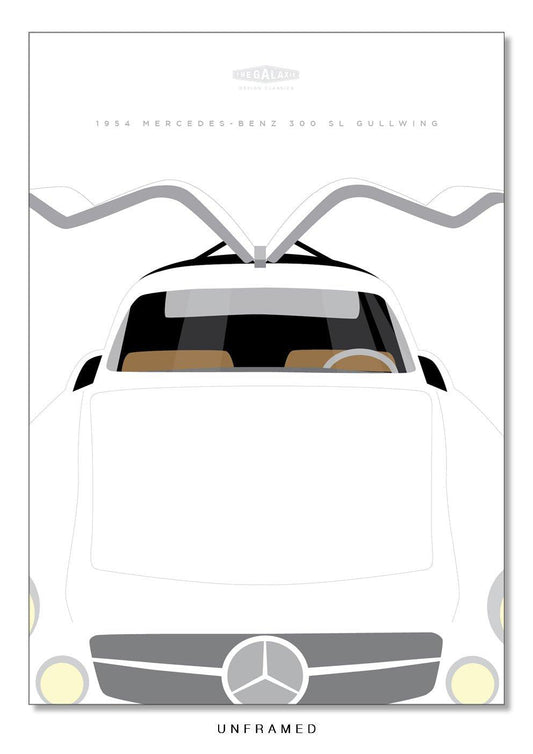 This is a hand drawn close up poster of a magnificent white 1954 Mercedes Benz 300 SL Gullwing sports car on a white background.  