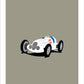 Hand drawn poster of a white 1937 Mercedes Benz W125 Silver Arrow on a cool grey background. 