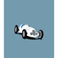 Hand drawn poster of a white 1937 Mercedes Benz W125 Silver Arrow racer on a cool blue background. 