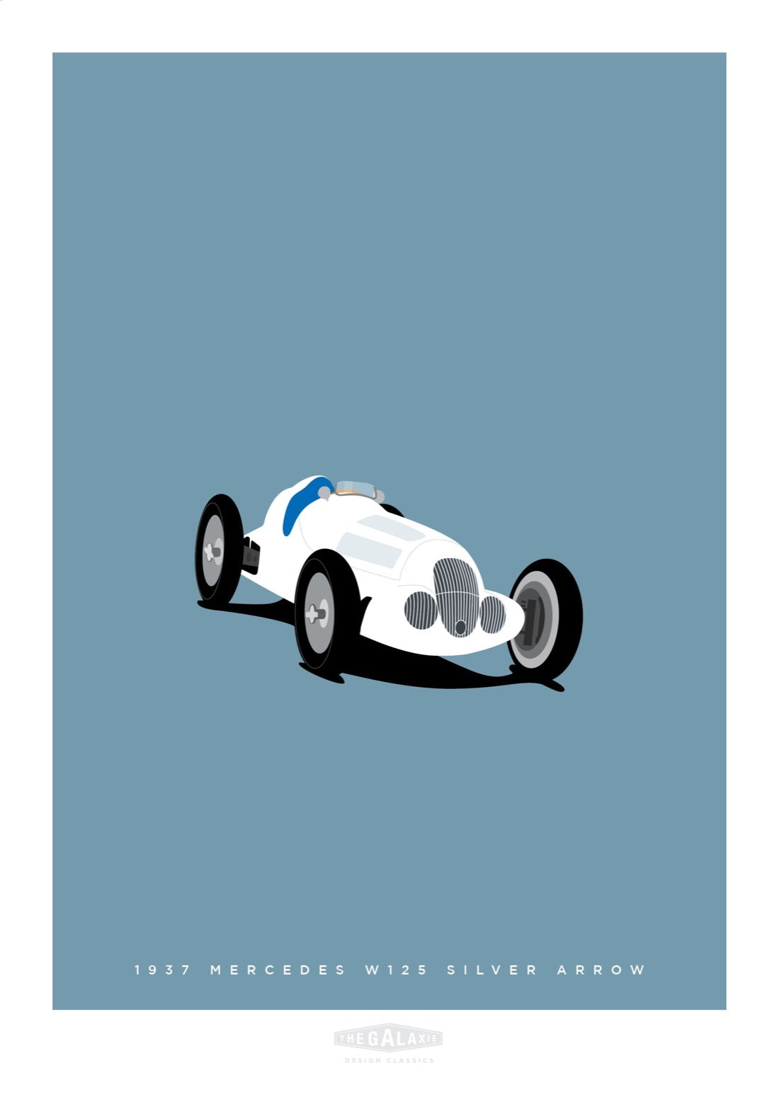 Hand drawn poster of a white 1937 Mercedes Benz W125 Silver Arrow racer on a cool blue background. 