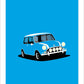 Hand drawn poster of a light blue 1967 Mini Cooper Mk II on a light blue background.