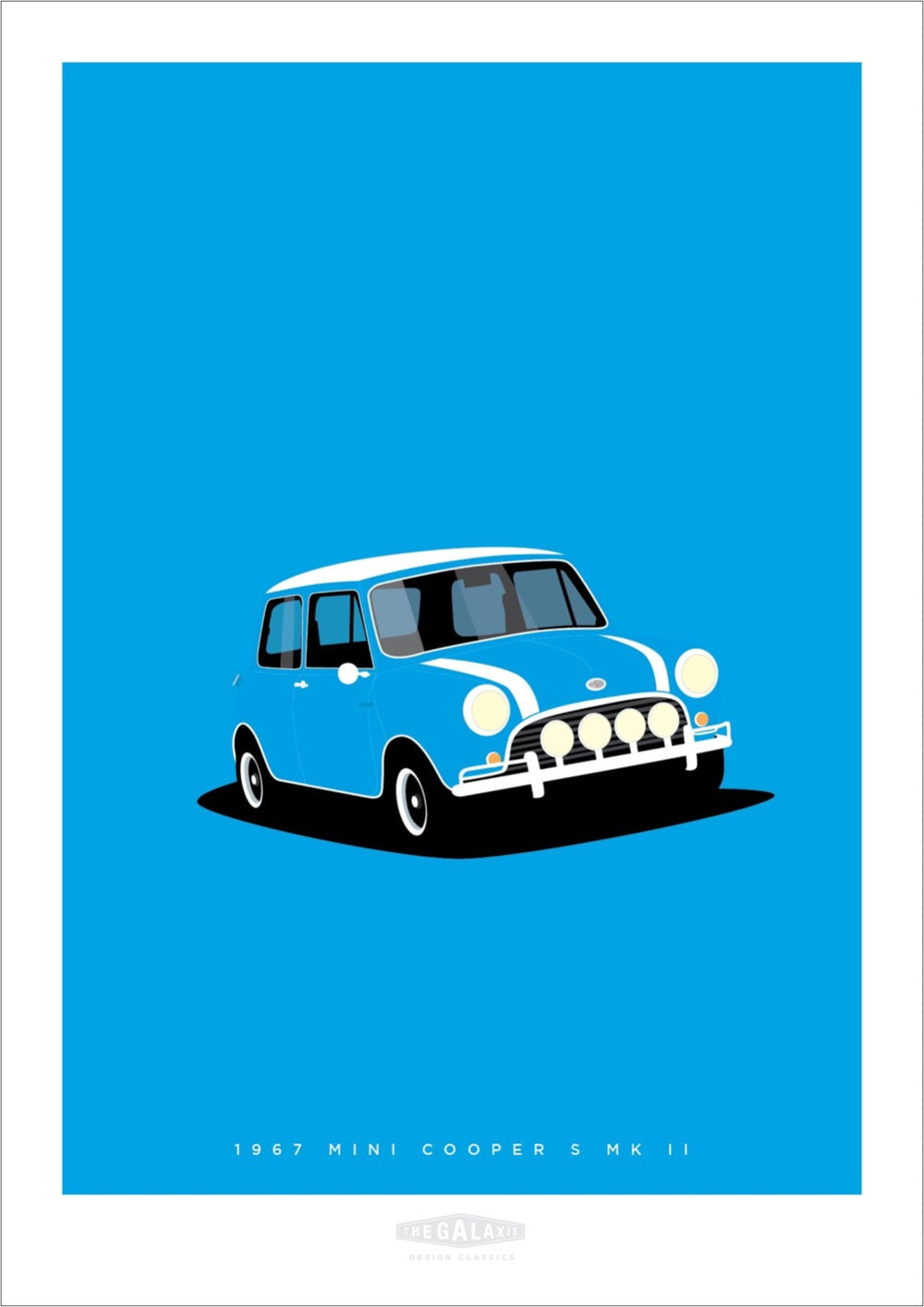 Hand drawn poster of a light blue 1967 Mini Cooper Mk II on a light blue background.