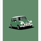 Hand drawn poster of a green 1967 Mini Cooper Mk II on a green background.