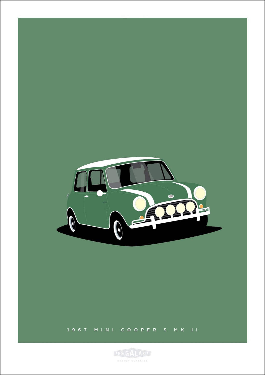 Hand drawn poster of a green 1967 Mini Cooper Mk II on a green background.