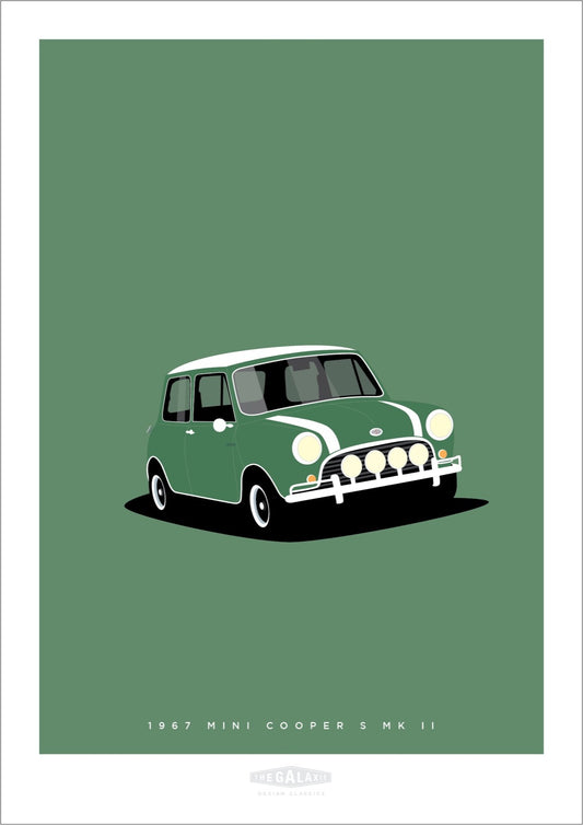 Hand drawn poster of a green 1967 Mini Cooper Mk II on a green background.