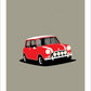 Hand drawn poster of a red 1967 Mini Cooper Mk II on a grey background.