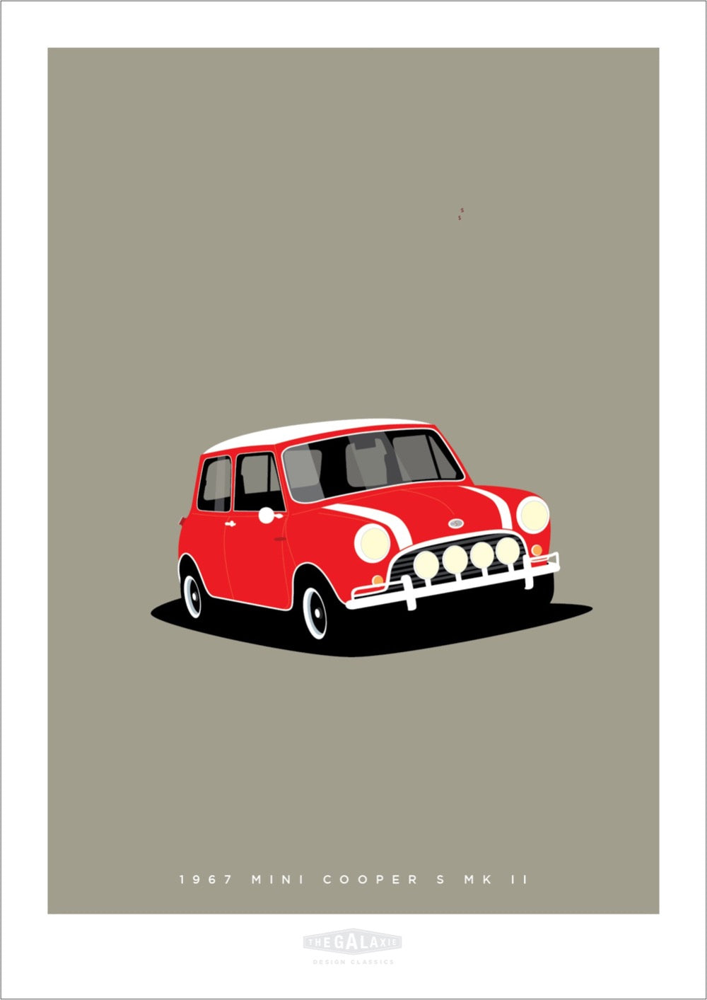 Hand drawn poster of a red 1967 Mini Cooper Mk II on a grey background.