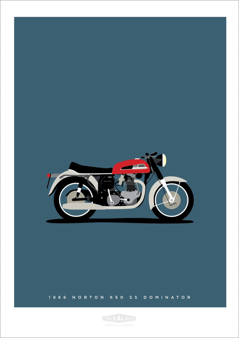 Beautiful hand drawn print of a red 1968 Norton 650 SS Dominator on a grey blue background.