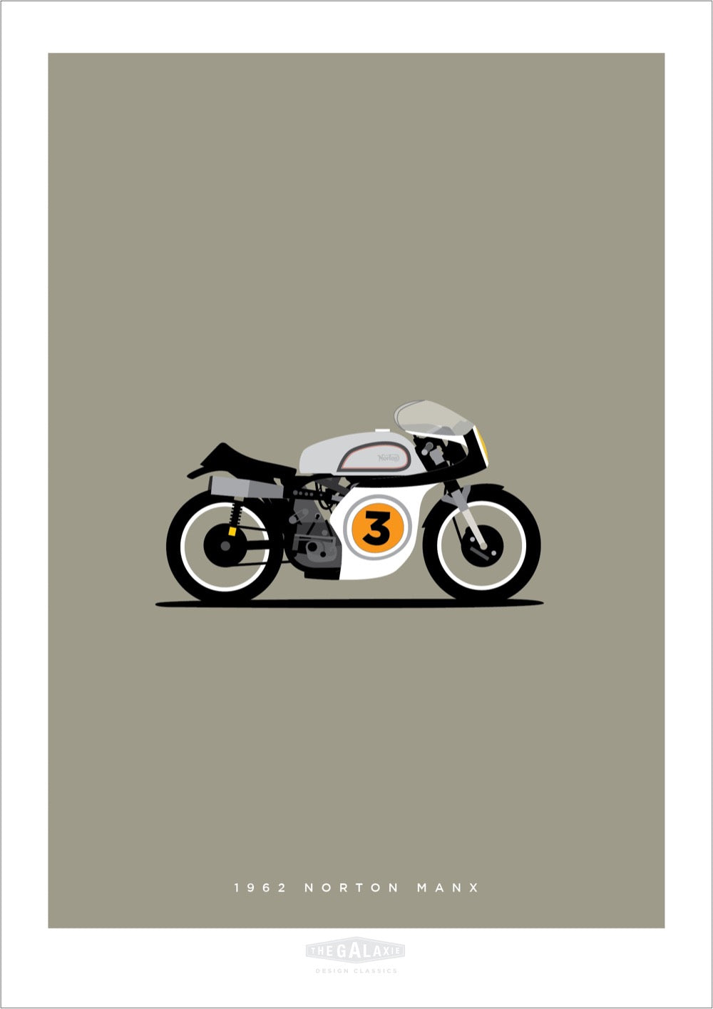 Beautiful hand drawn print of a grey 1962 Norton Manx with a yellow racing number 3 on a light grey background.