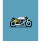 Beautiful hand drawn print of a silver 1962 Norton Manx with a yellow racing number 7 on a light blue background.