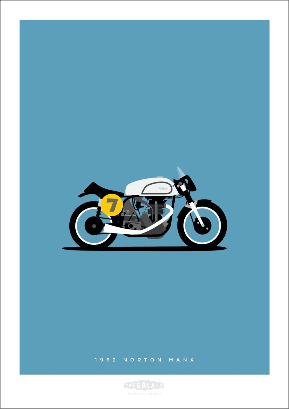 Beautiful hand drawn print of a silver 1962 Norton Manx with a yellow racing number 7 on a light blue background.