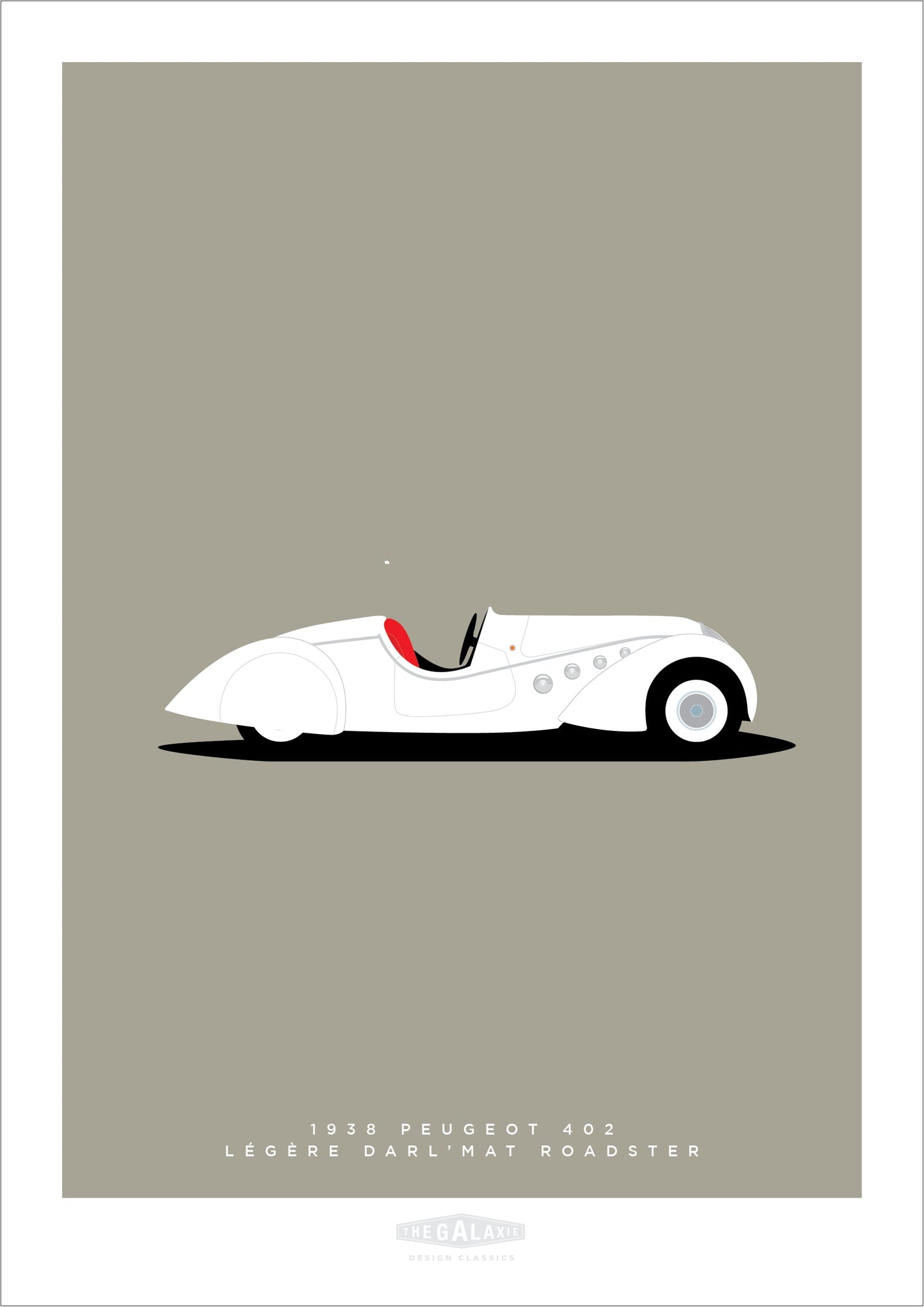 Beautiful hand drawn print of a stunning white PEUGEOT 402  LÉGÈRE DARL’MAT Roadster on a light grey background.