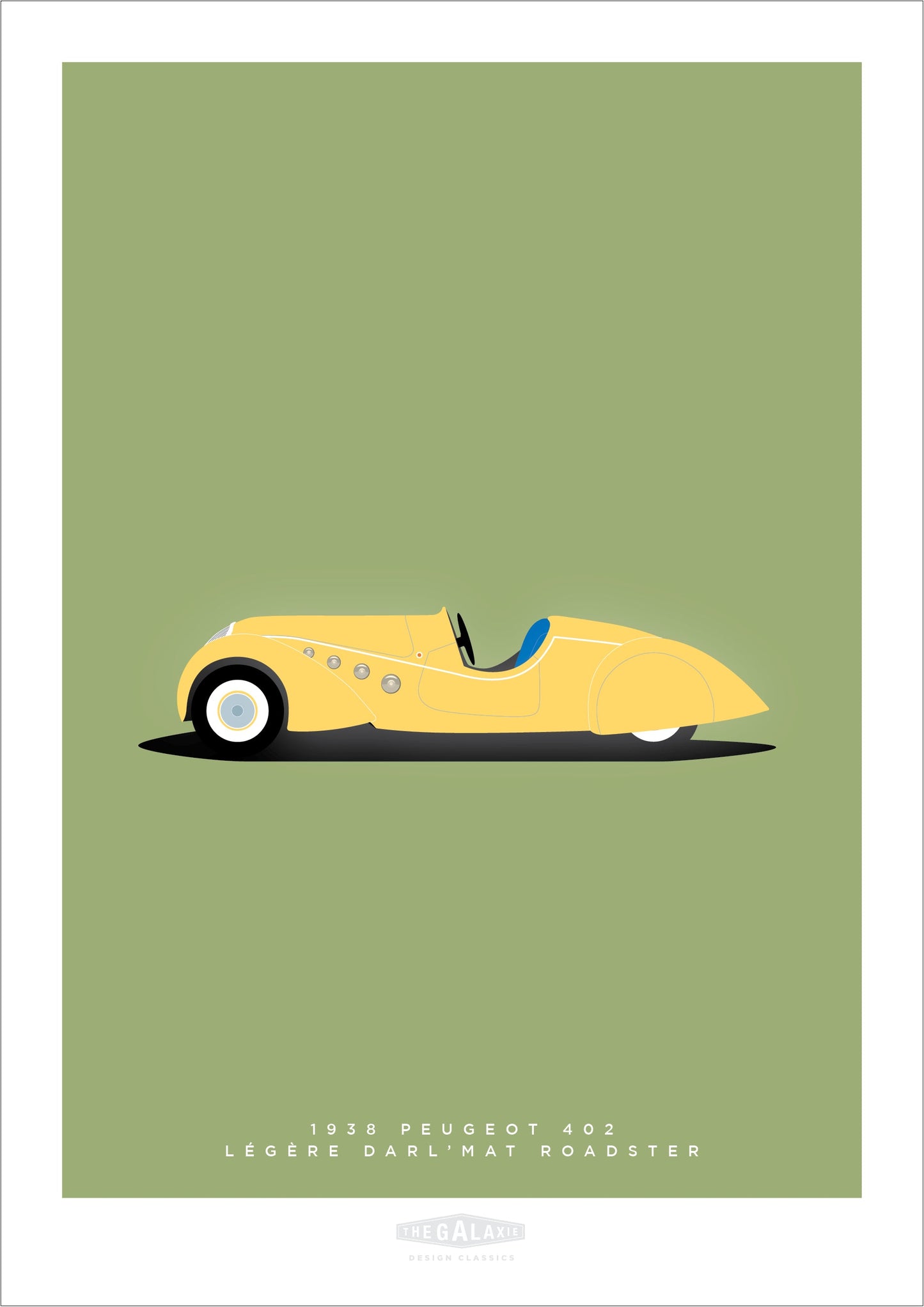 Beautiful hand drawn print of a classy yellow PEUGEOT 402  LÉGÈRE DARL’MAT Roadster on a soft green background.