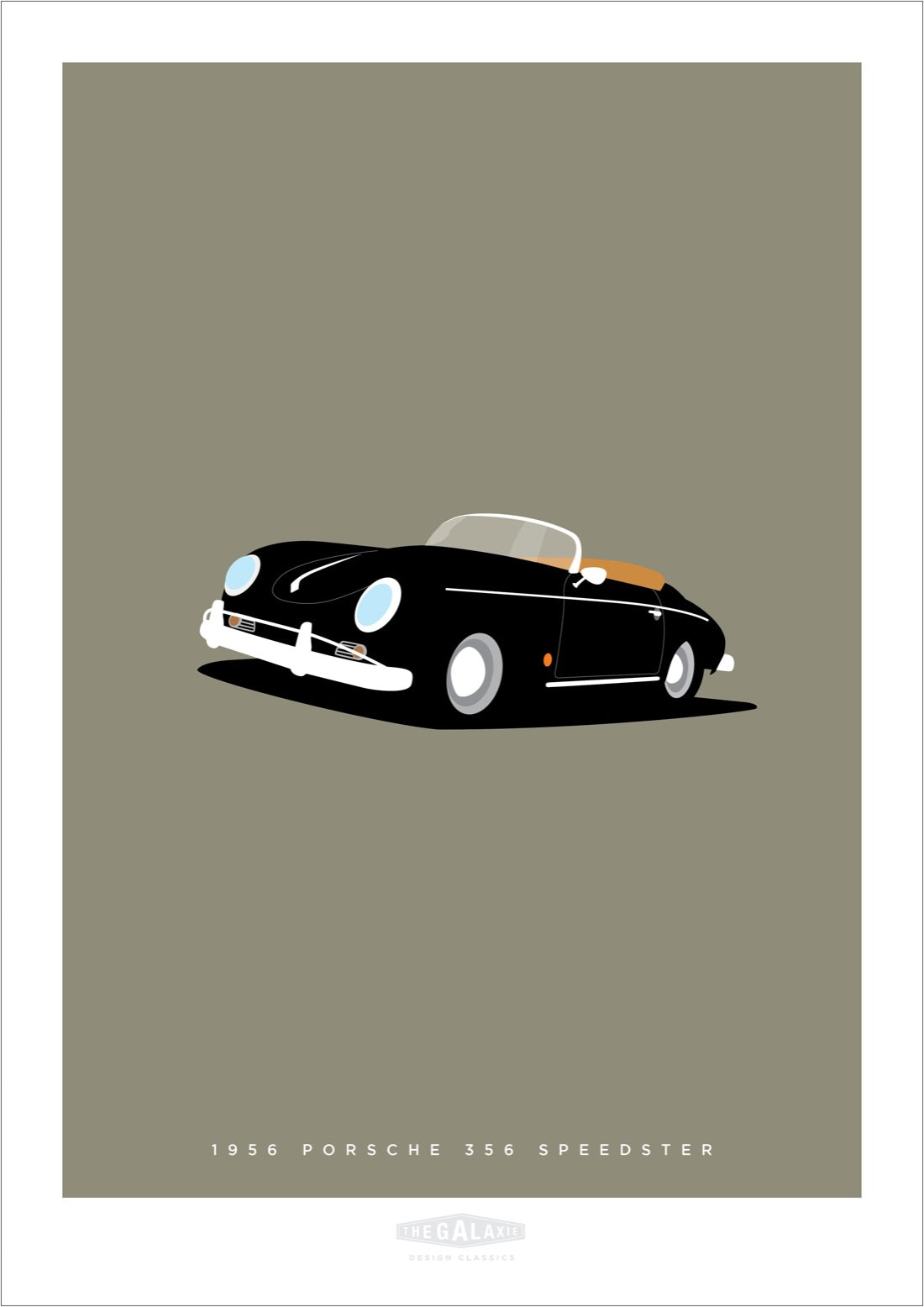 Beautiful hand drawn print of a black 1956 Porsche 356 Speedster on a classy stone grey background.