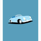 Beautiful hand drawn print of a light blue 1954 Porsche 356 Speedster on an an elegant blue background.