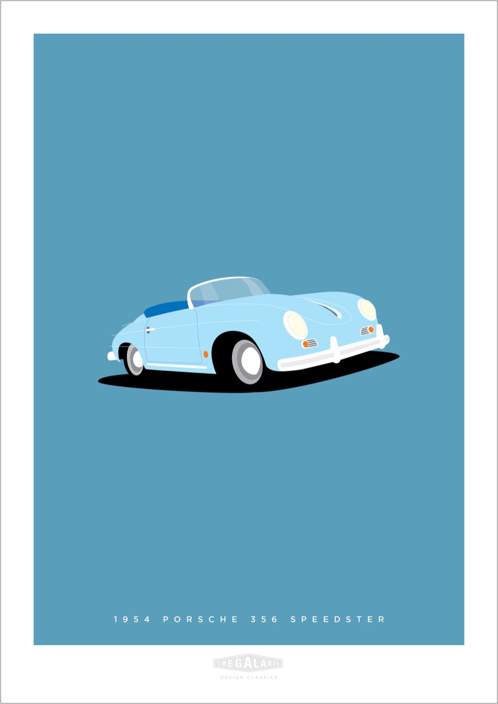 Beautiful hand drawn print of a light blue 1954 Porsche 356 Speedster on an an elegant blue background.