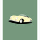 Beautiful hand drawn print of a cream 1954 Porsche 356 Speedster on an elegant green background.