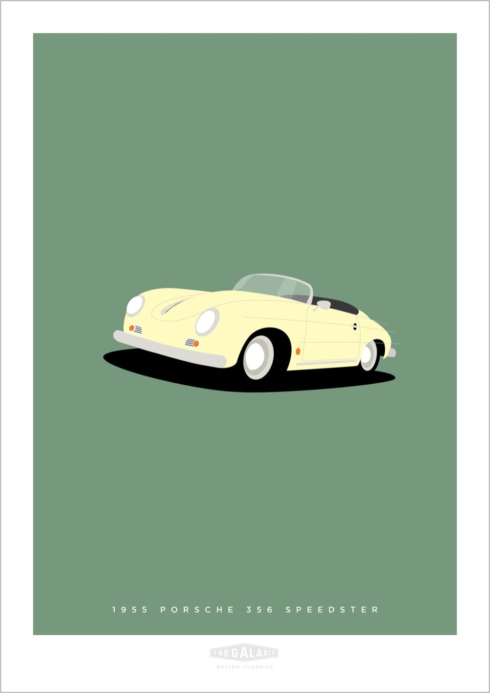 Beautiful hand drawn print of a cream 1954 Porsche 356 Speedster on an elegant green background.