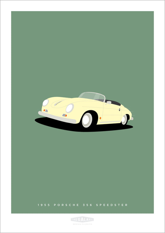 Beautiful hand drawn print of a cream 1954 Porsche 356 Speedster on an elegant green background.