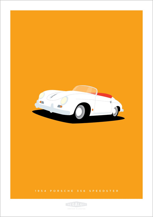 Beautiful hand drawn print of a white 1954 Porsche 356 Speedster on a mandarin background.